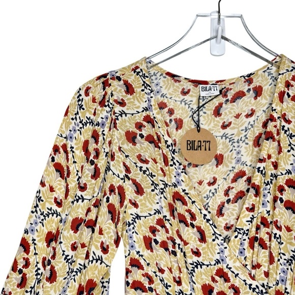 NWT BILLA 77 Bellview Floral Wheat Boho Puff Sleeve Wrap Maxi Dress Sz XS - Picture 6 of 16